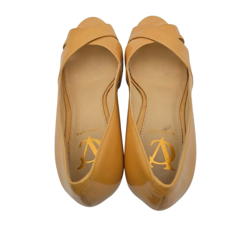 A|X Armani Exchange Signature Butter Patent Espadrille Wedge Heel 8.5 Vero Cuoio